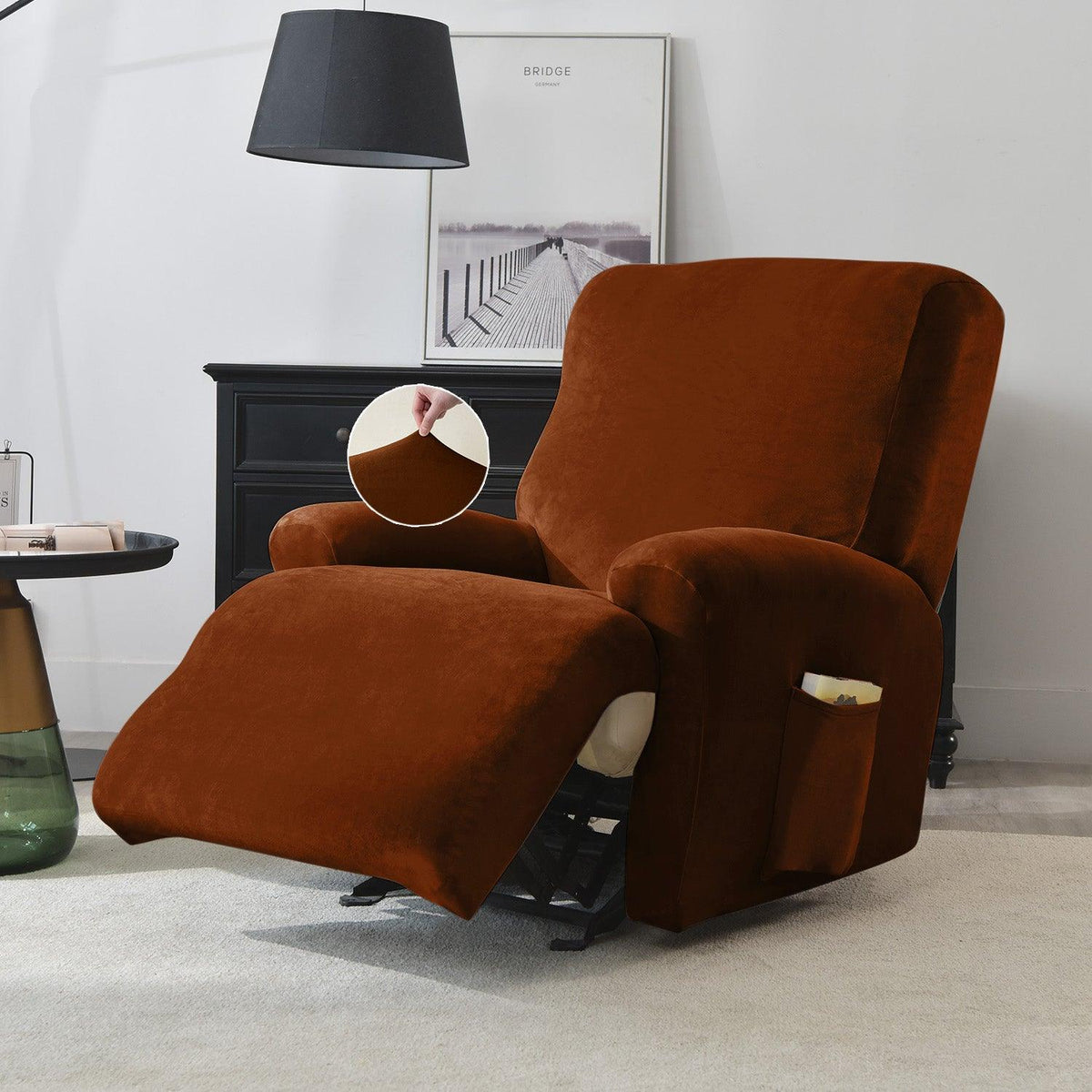 Premium Rustic Brown Colour stylish elastic stretchable velvet recliner chair cover
