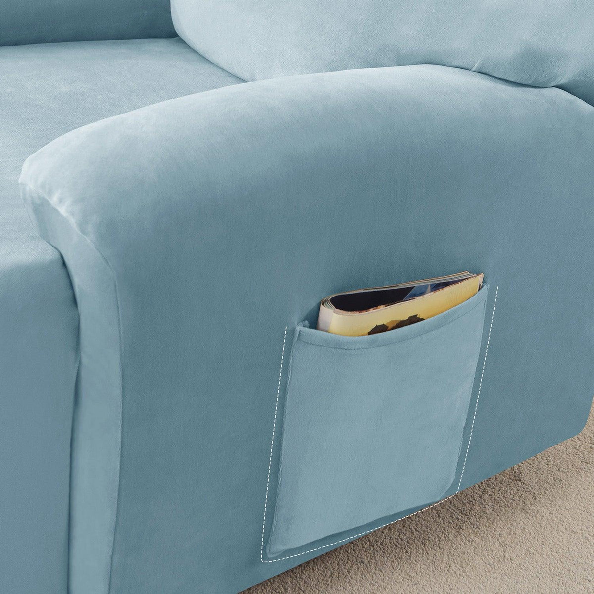 Best Sky Blue Colour 1, 2, 3 seater elastic velvet recliner sofa cover with pockets
