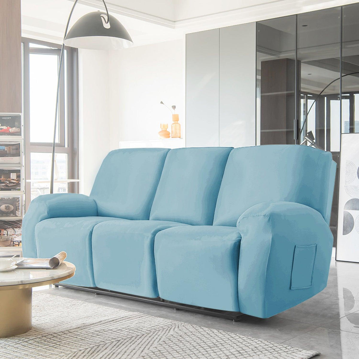 Sky Blue Colour elastic stretchable fully covered stylish velvet 3 seater recliner sofa covers
