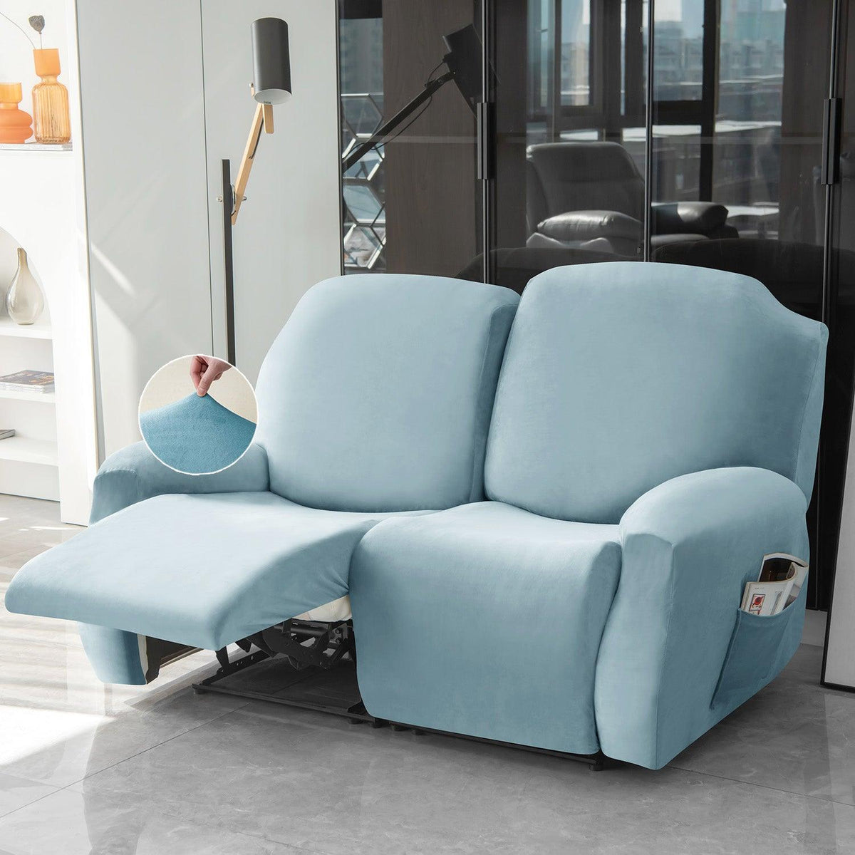 Buy 2 seater Sky Blue Colour elastic stretchable velvet recliner sofa covers
