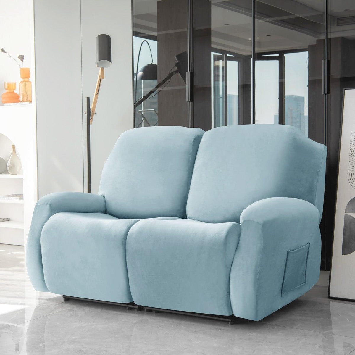 Stylish two seater Sky Blue Colour elastic stretchable velvet recliner covers

