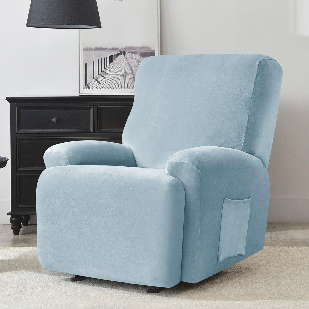 Elegant Sky Blue Colour elastic stretchable fully covered velvet recliner chair covers​ 
