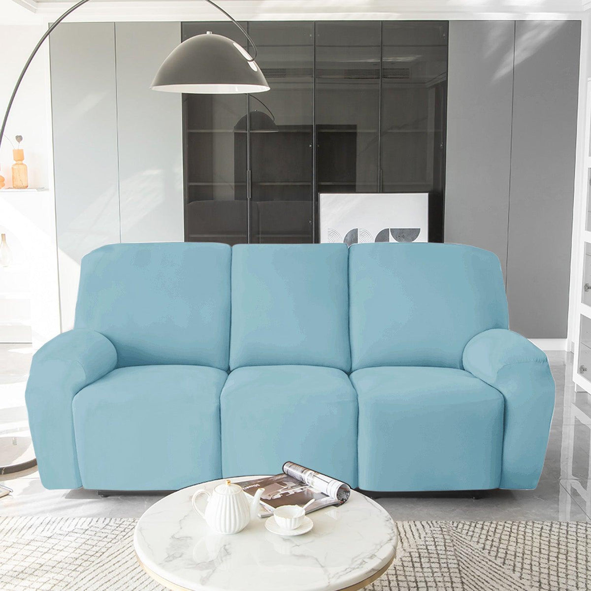 Stylish three seater Sky Blue Colour elastic stretchable velvet recliner covers
