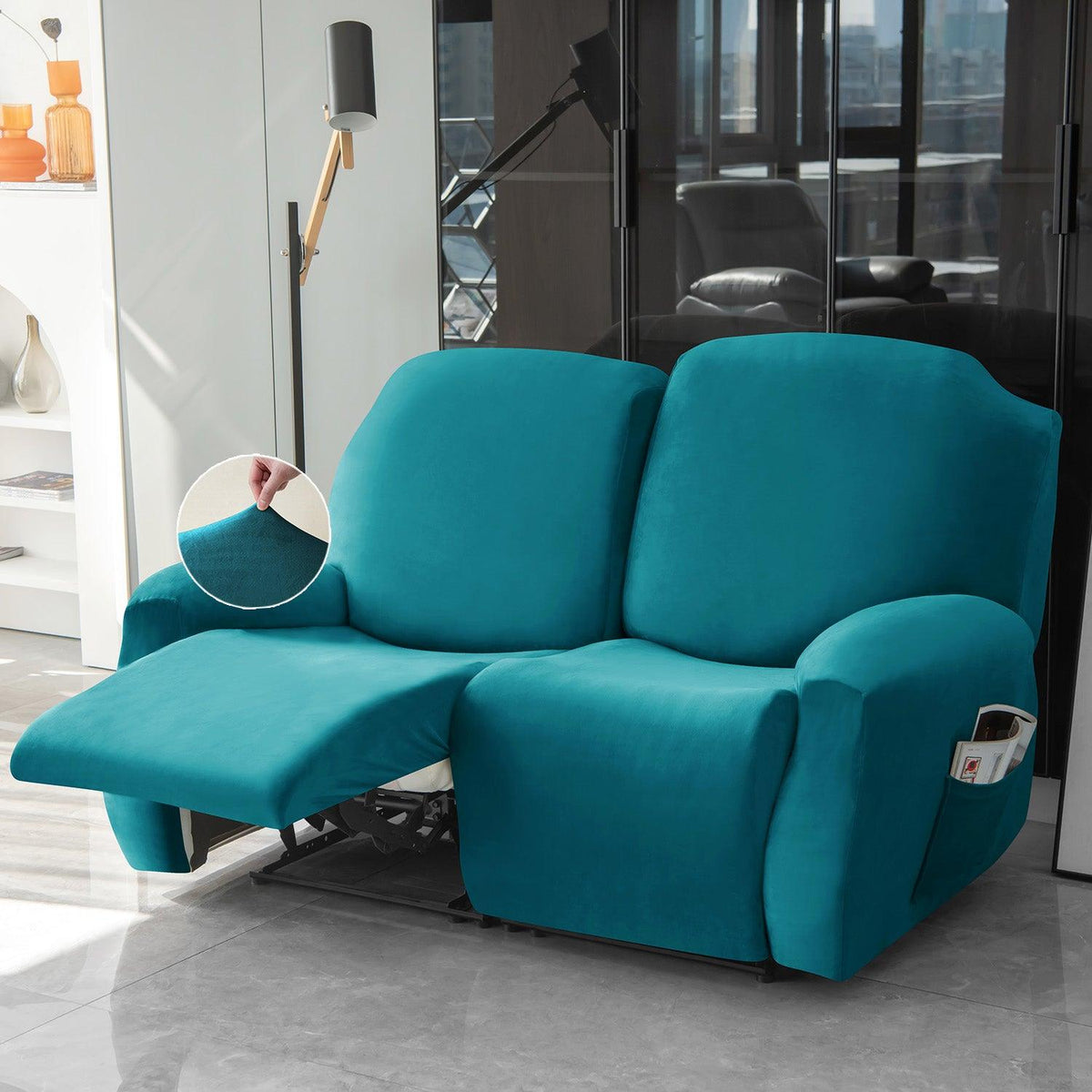 Elastic Stretchable Premium Velvet Recliner Cover, Turquoise - HOKIPO | Har Ghar ka Humsafar