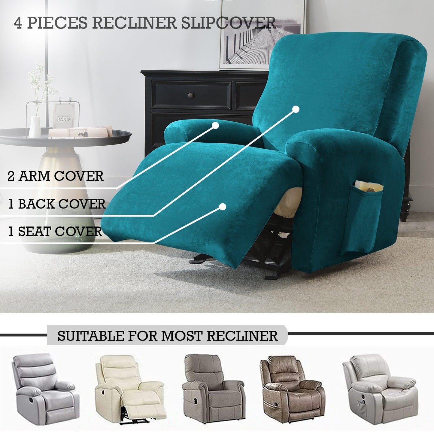 Elastic Stretchable Premium Velvet Recliner Cover, Turquoise - HOKIPO | Har Ghar ka Humsafar