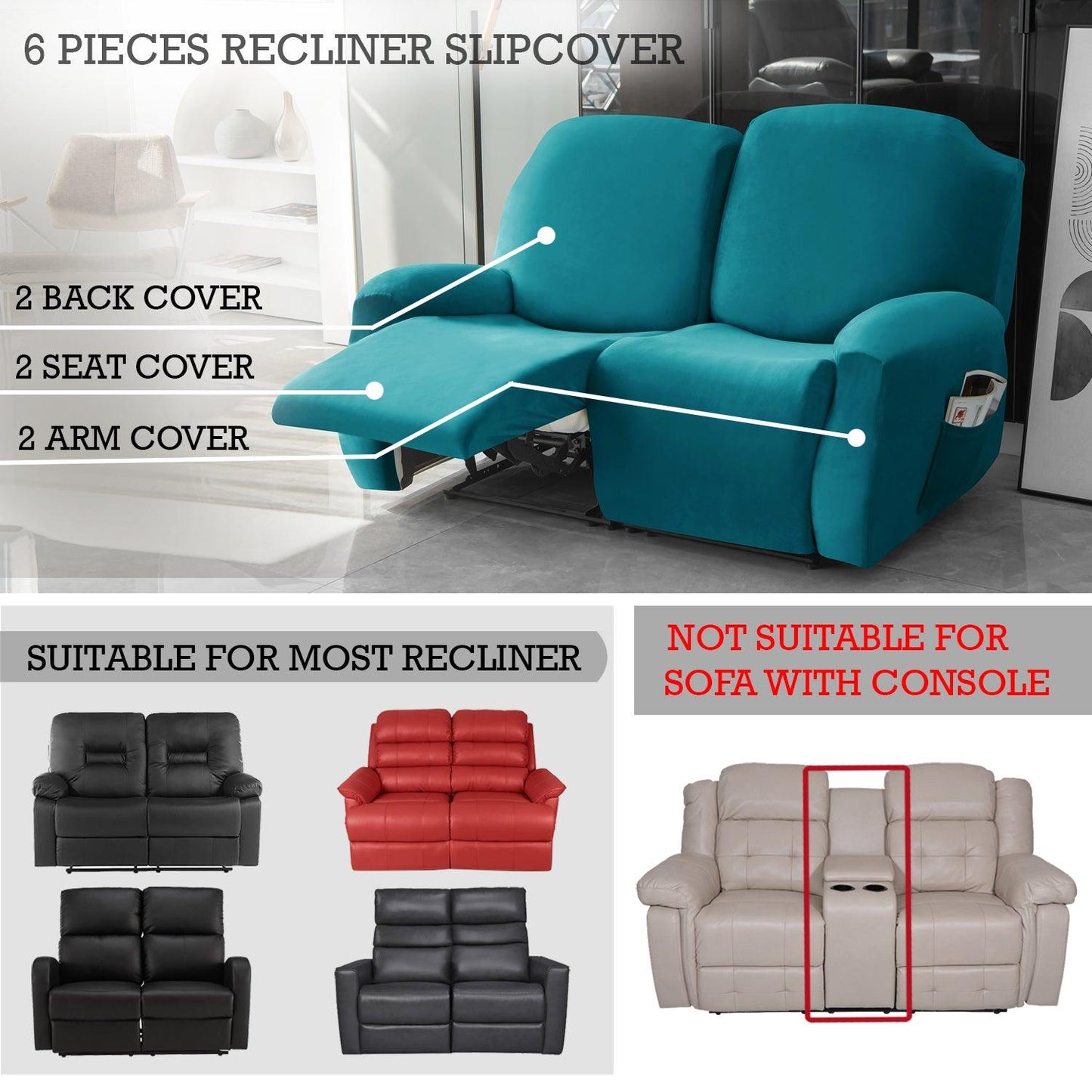 Elastic Stretchable Premium Velvet Recliner Cover, Turquoise - HOKIPO | Har Ghar ka Humsafar