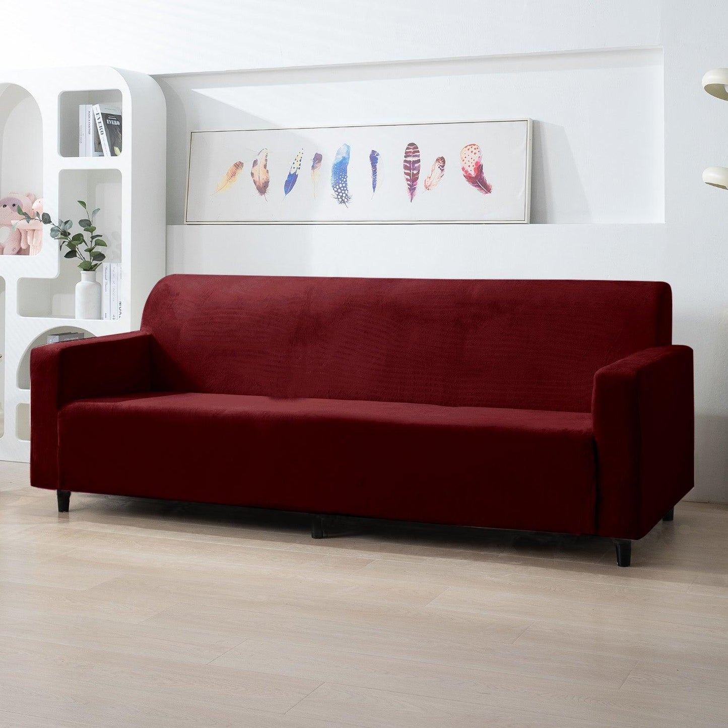 Elastic Stretchable Premium Velvet Sofa Cover, Burgundy - HOKIPO | Har Ghar ka Humsafar