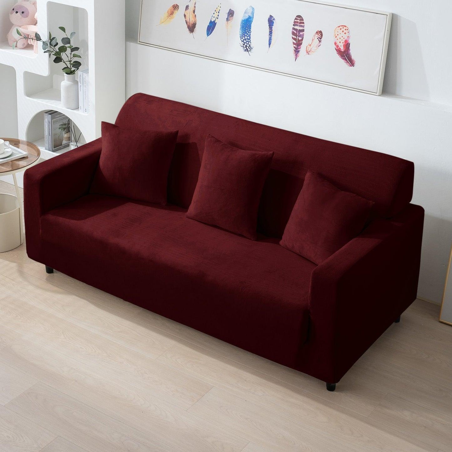 Elastic Stretchable Premium Velvet Sofa Cover, Burgundy - HOKIPO | Har Ghar ka Humsafar