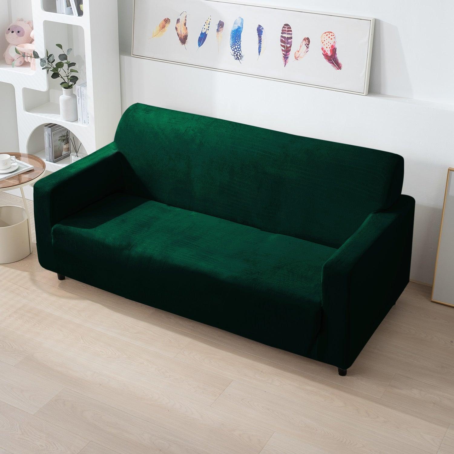 Elastic Stretchable Premium Velvet Sofa Cover, Hunter Green - HOKIPO | Har Ghar ka Humsafar