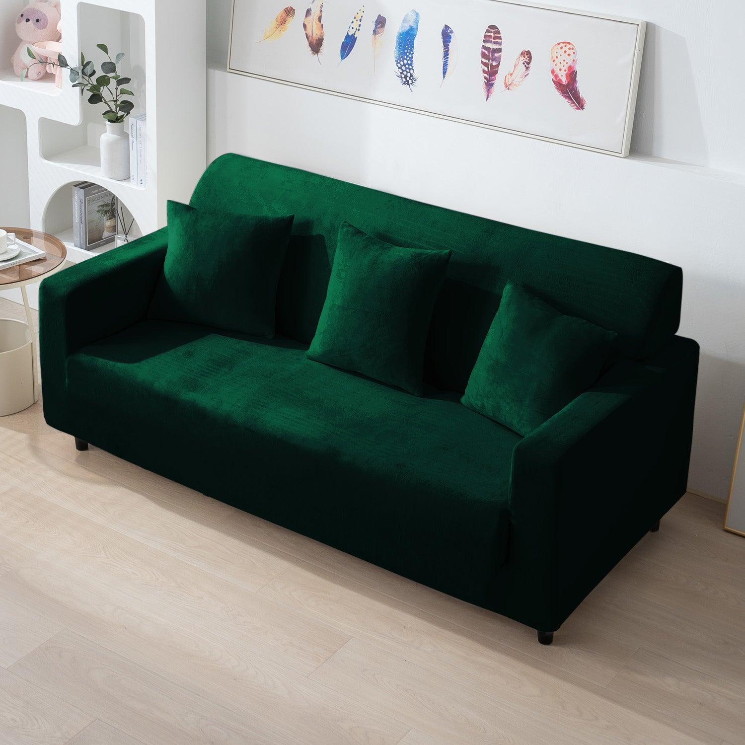 Elastic Stretchable Premium Velvet Sofa Cover, Hunter Green - HOKIPO | Har Ghar ka Humsafar