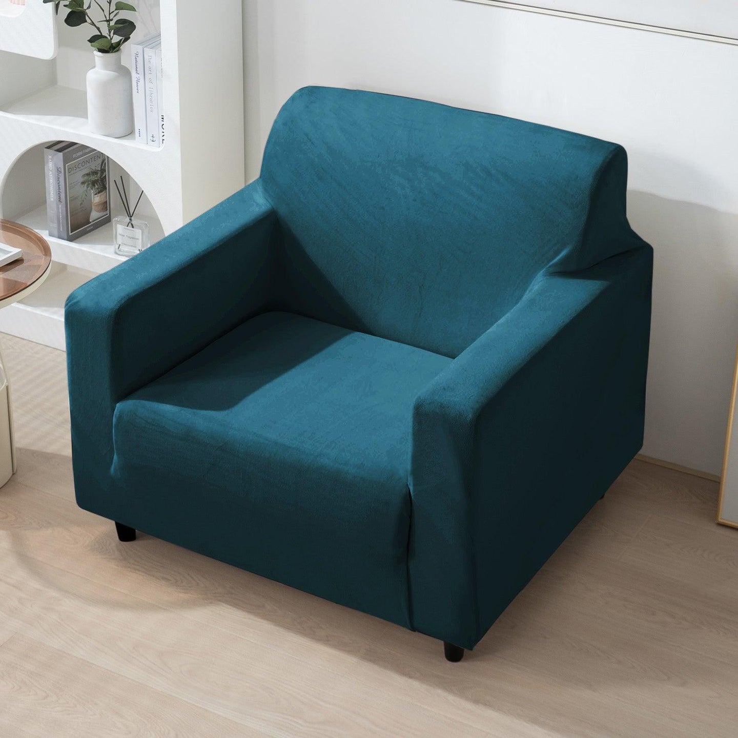 single seater Peacock Blue elastic velvet sofa cover​s