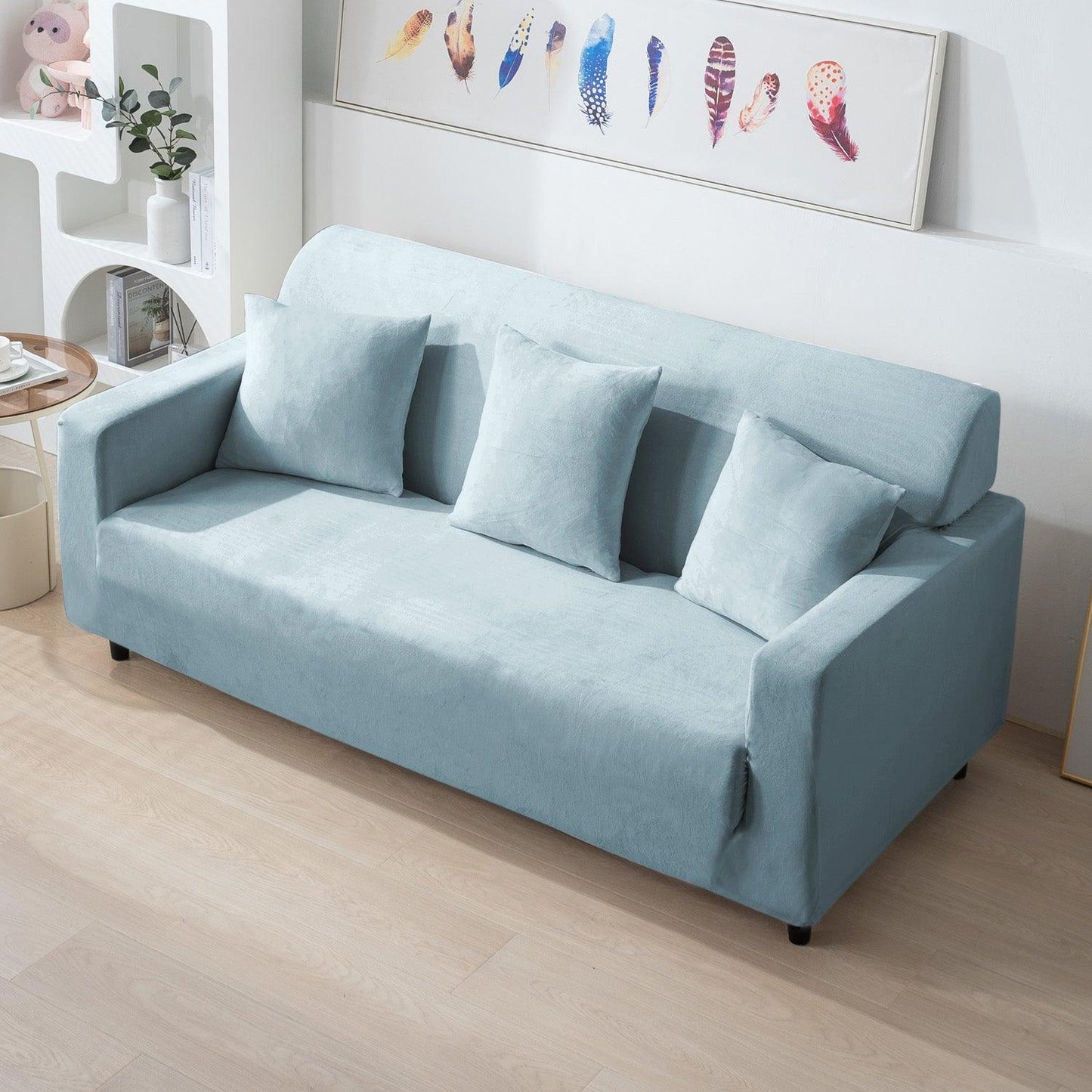 Elastic Stretchable Premium Velvet Sofa Cover, Sky Blue - HOKIPO | Har Ghar ka Humsafar