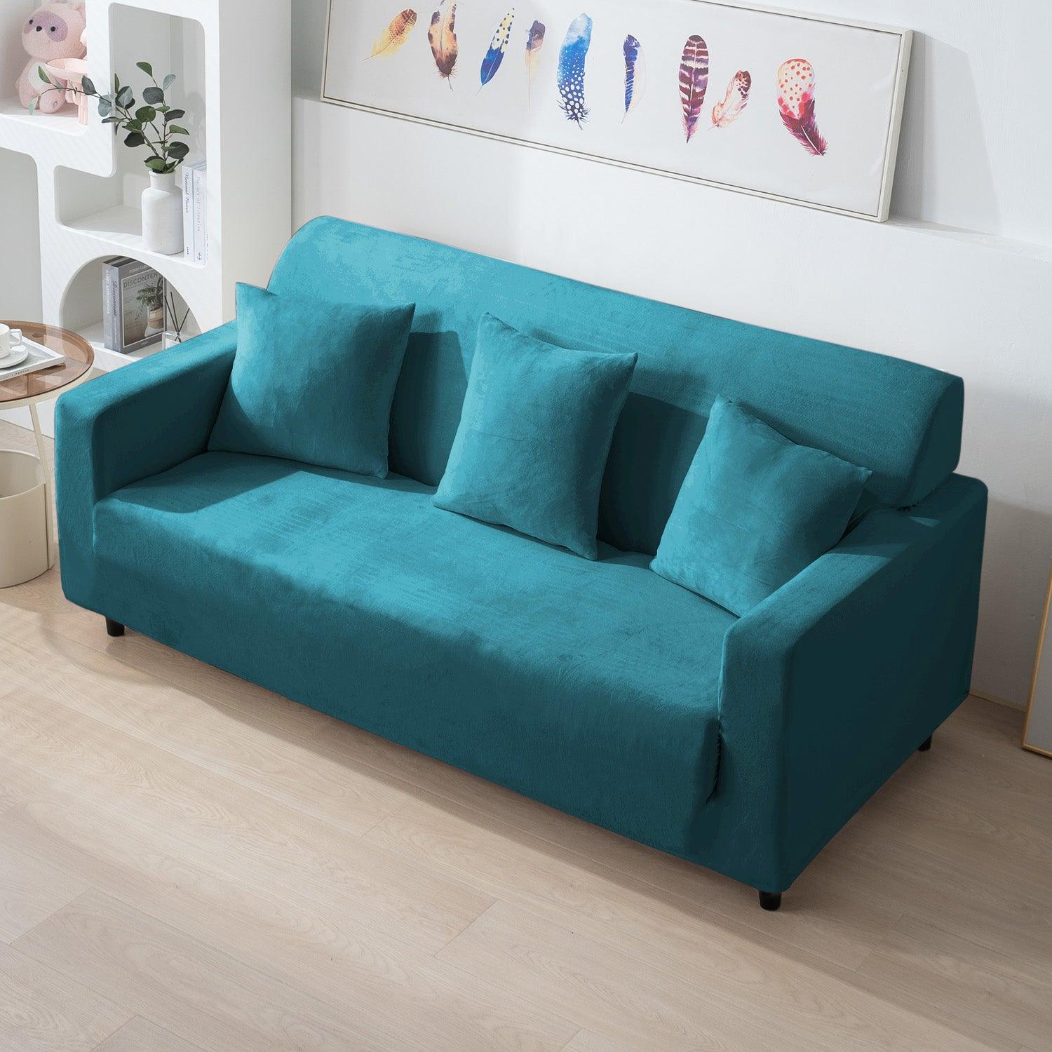 Elastic Stretchable Premium Velvet Sofa Cover, Turquoise - HOKIPO | Har Ghar ka Humsafar