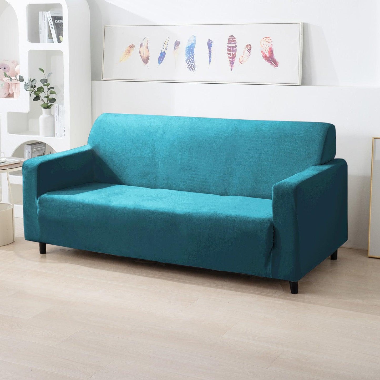 Elastic Stretchable Premium Velvet Sofa Cover, Turquoise - HOKIPO | Har Ghar ka Humsafar