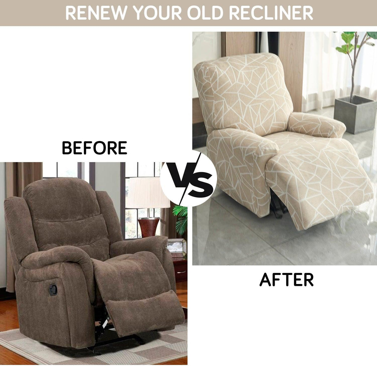 Decor your old recliner chair & sofa with Beige Abstract Geometry Print Elastic stretchable 1,2,3 seater recliner covers​
