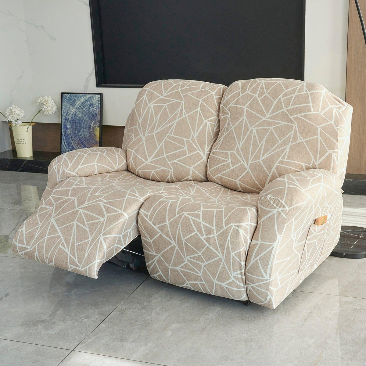 2 seater Beige Abstract Geometry Print stretchable stretchable polyester recliner cover
