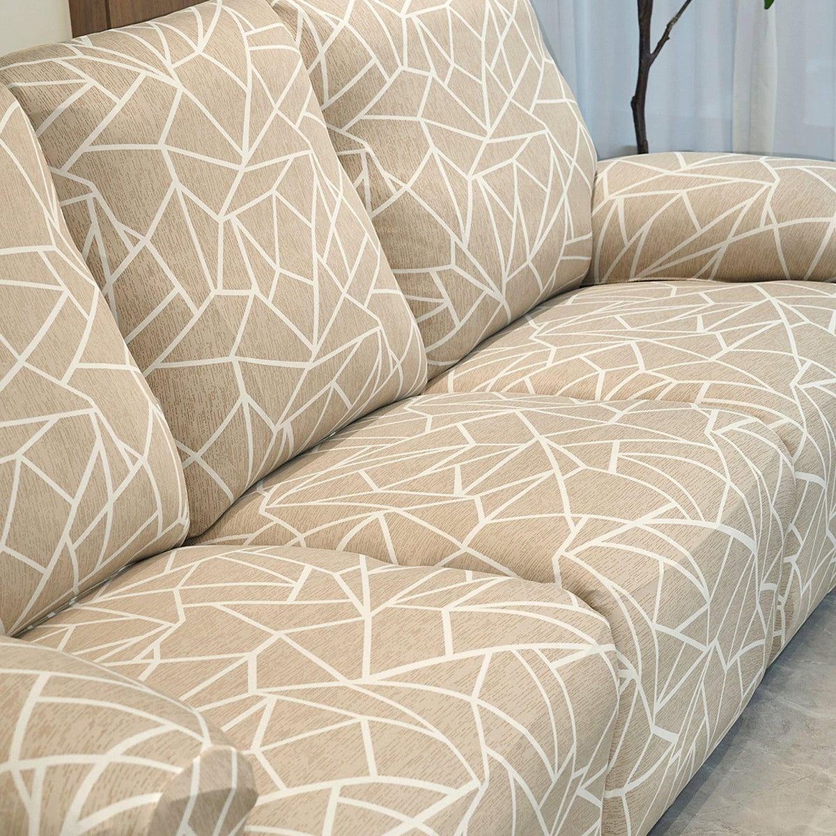 Modern 3 seater Beige Abstract Geometry Print stretchable recliner cover
