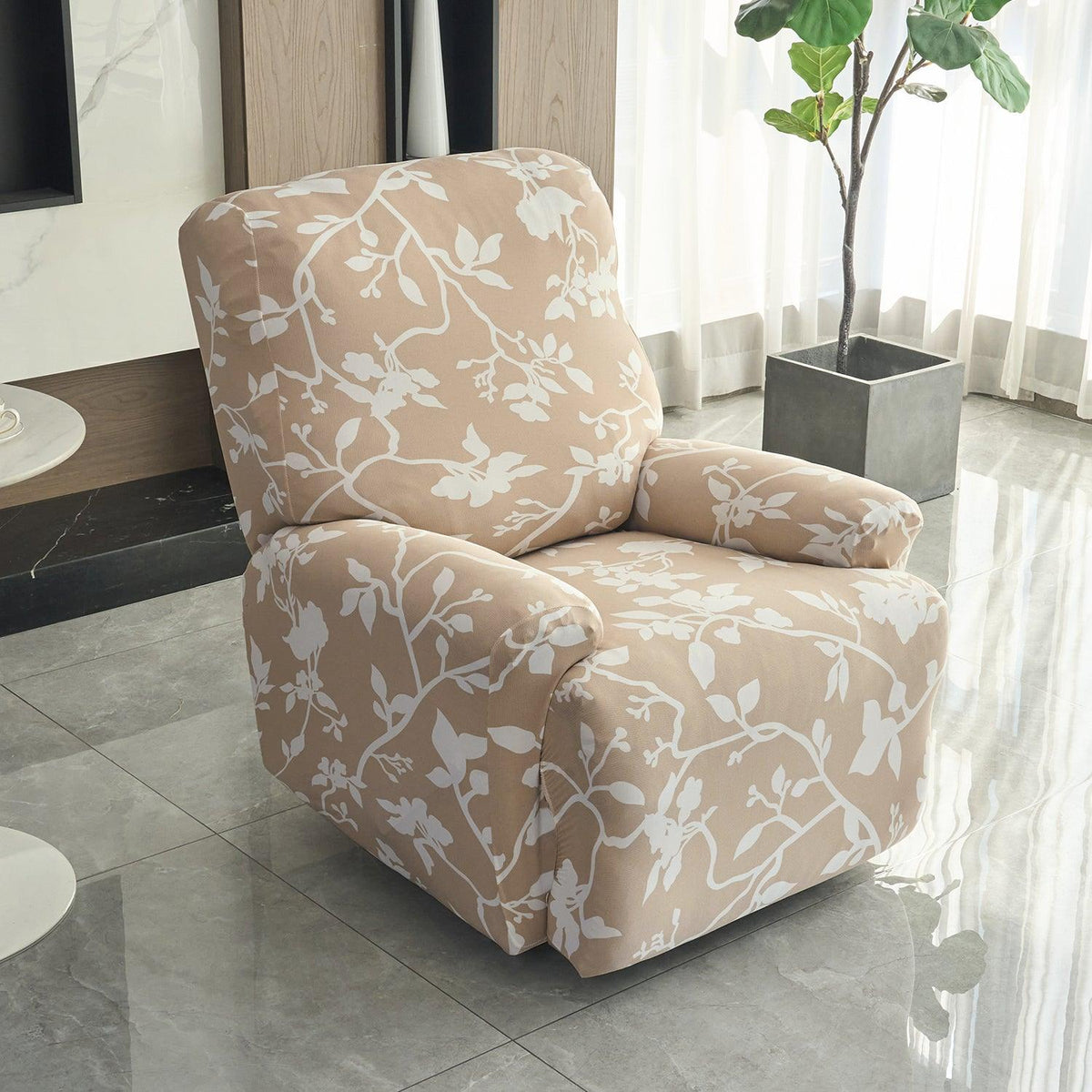 Buff Brown Silhouette Floral Printelastic stretchable polyester 1 seater recliner sofa cover

