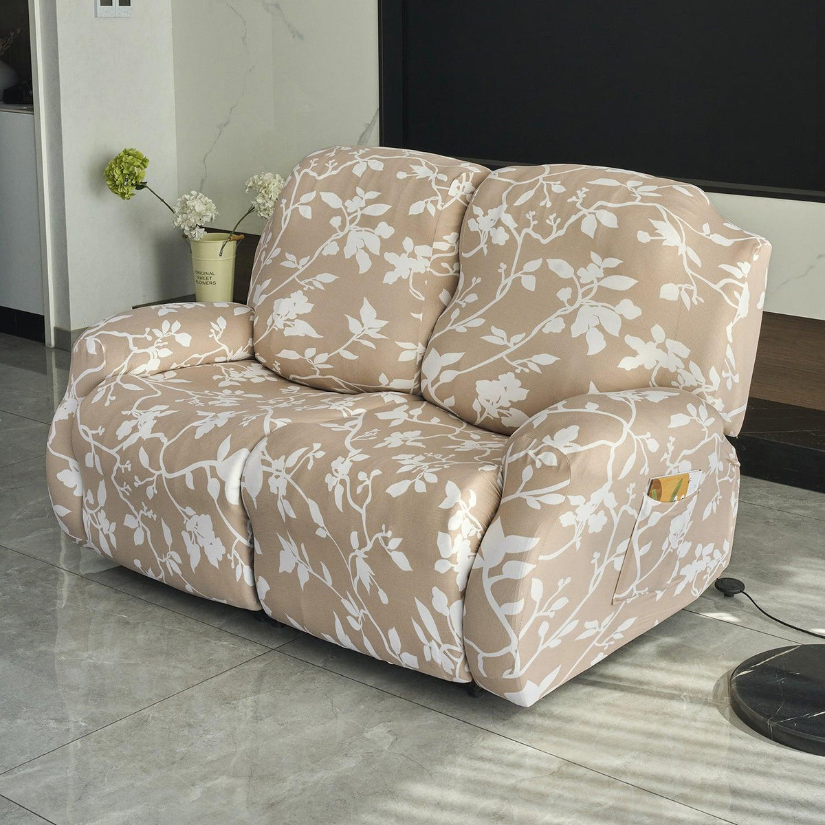 two seater Buff Brown Silhouette Floral Printelastic stretchable polyester recliner cover
