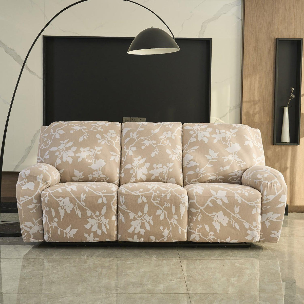 Stylish three seater Buff Brown Silhouette Floral Printelastic stretchable polyester recliner cover
