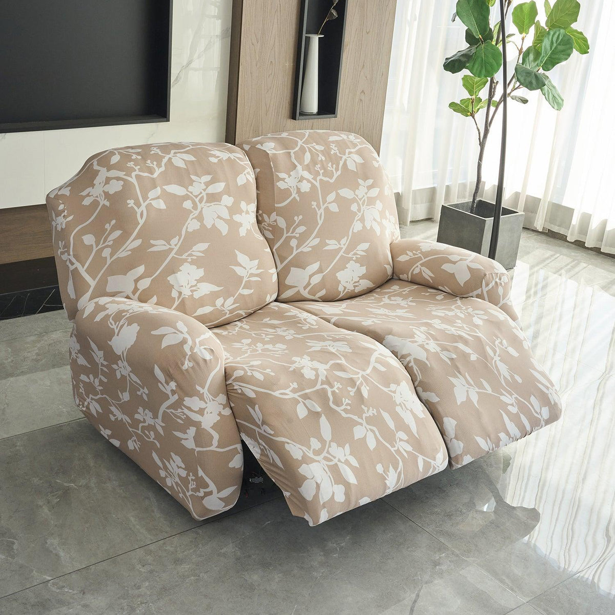 Elastic Stretchable Printed 140gsm Fully Covered Recliner Sofa Cover, Buff Brown Sillehoute Floral - HOKIPO | Har Ghar ka Humsafar