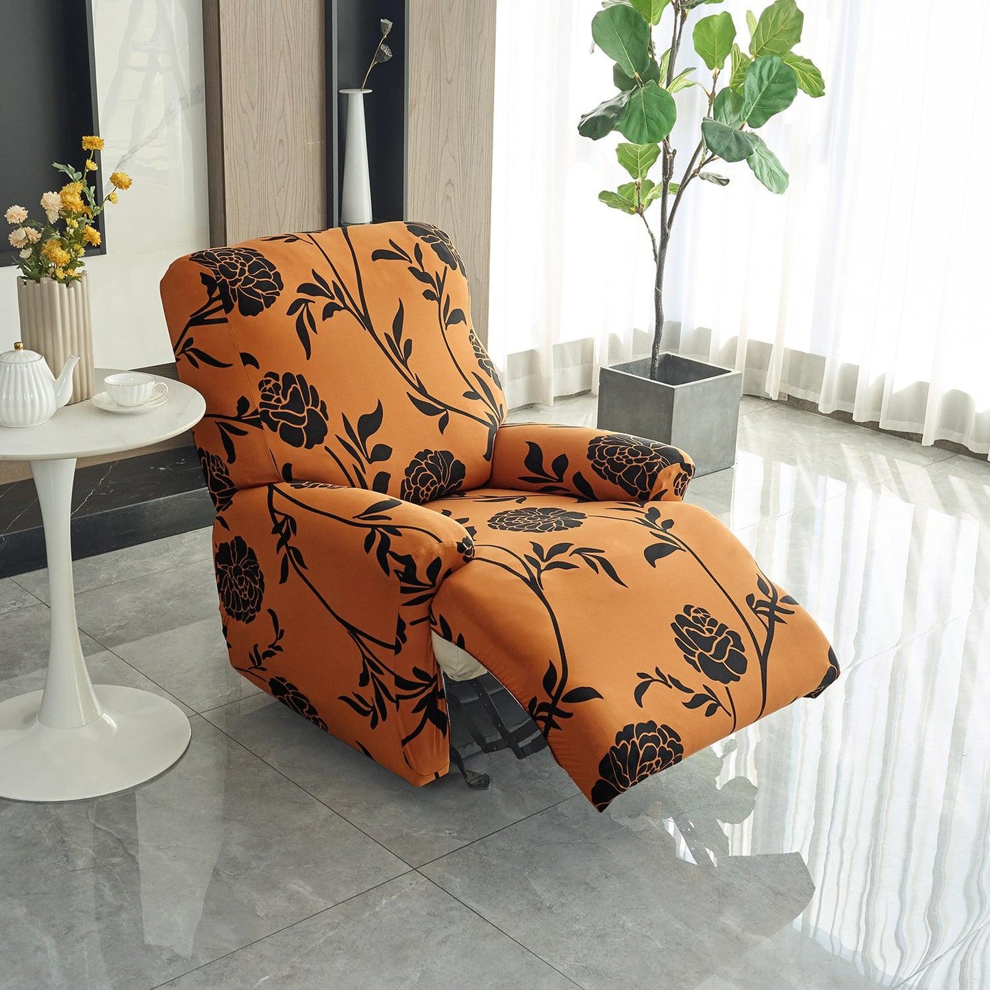 Elastic Stretchable Printed 140gsm Fully Covered Recliner Sofa Cover, Copper Brown Floral - HOKIPO | Har Ghar ka Humsafar