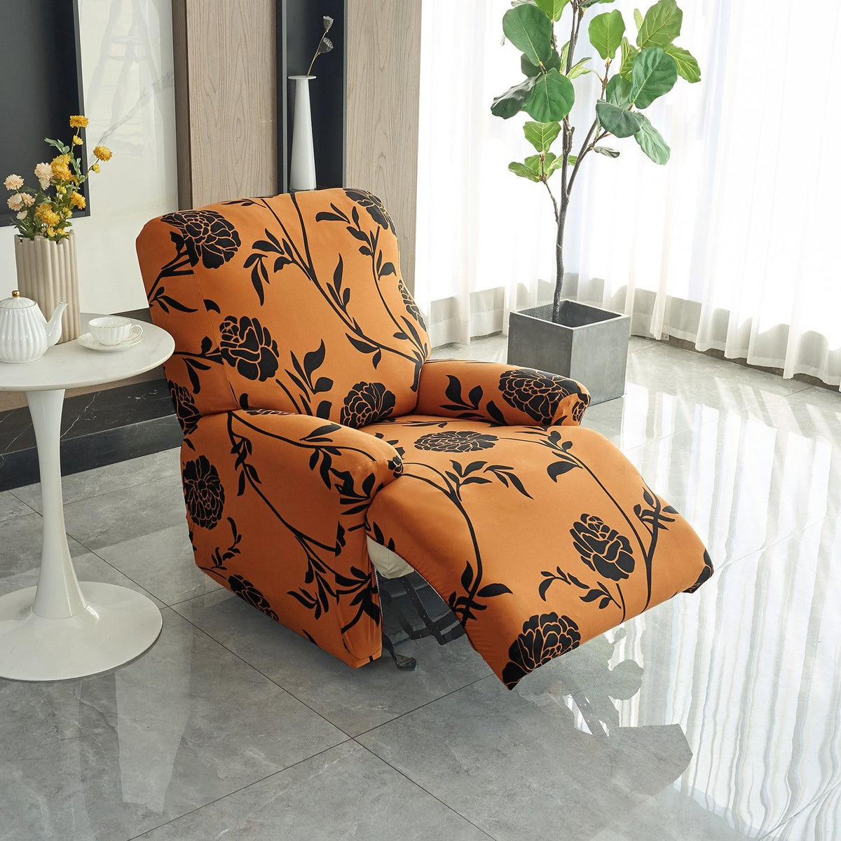 Buy Copper Brown Colour Floral Print Elastic stretchable recliner chair covers​
