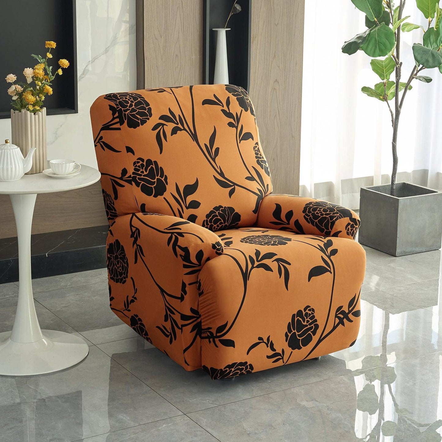 Elastic Stretchable Printed 140gsm Fully Covered Recliner Sofa Cover, Copper Brown Floral - HOKIPO | Har Ghar ka Humsafar