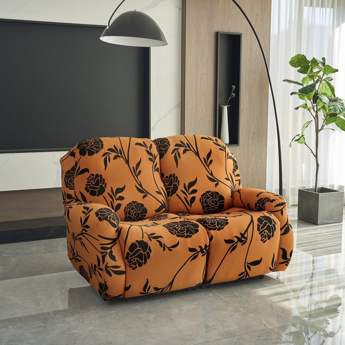 Buy two seater Copper Brown Colour Floral Print elastic stretchable polyester recliner cover
