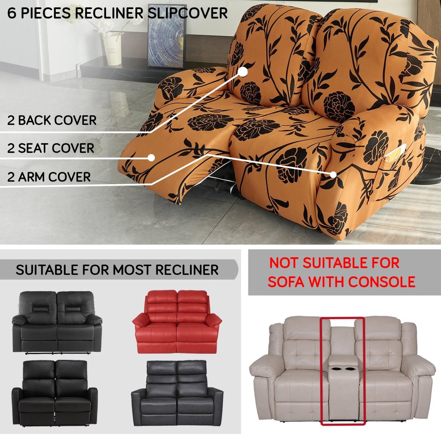 Elastic Stretchable Printed 140gsm Fully Covered Recliner Sofa Cover, Copper Brown Floral - HOKIPO | Har Ghar ka Humsafar