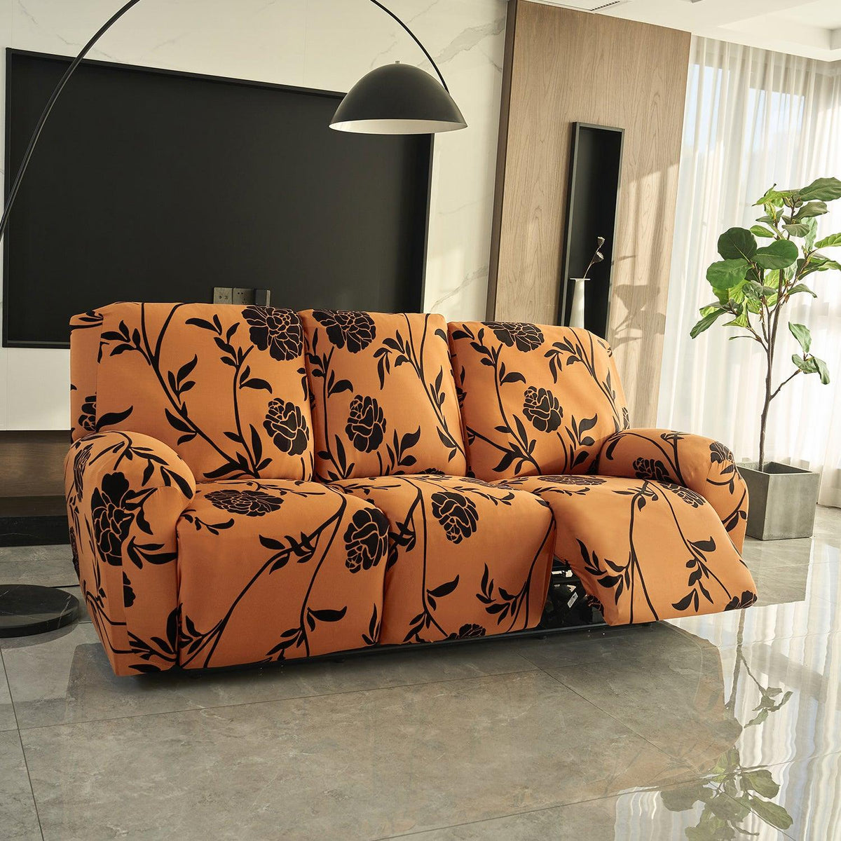 Buy 3 seater Copper Brown Colour Floral Print elastic stretchable polyester recliner sofa cover
