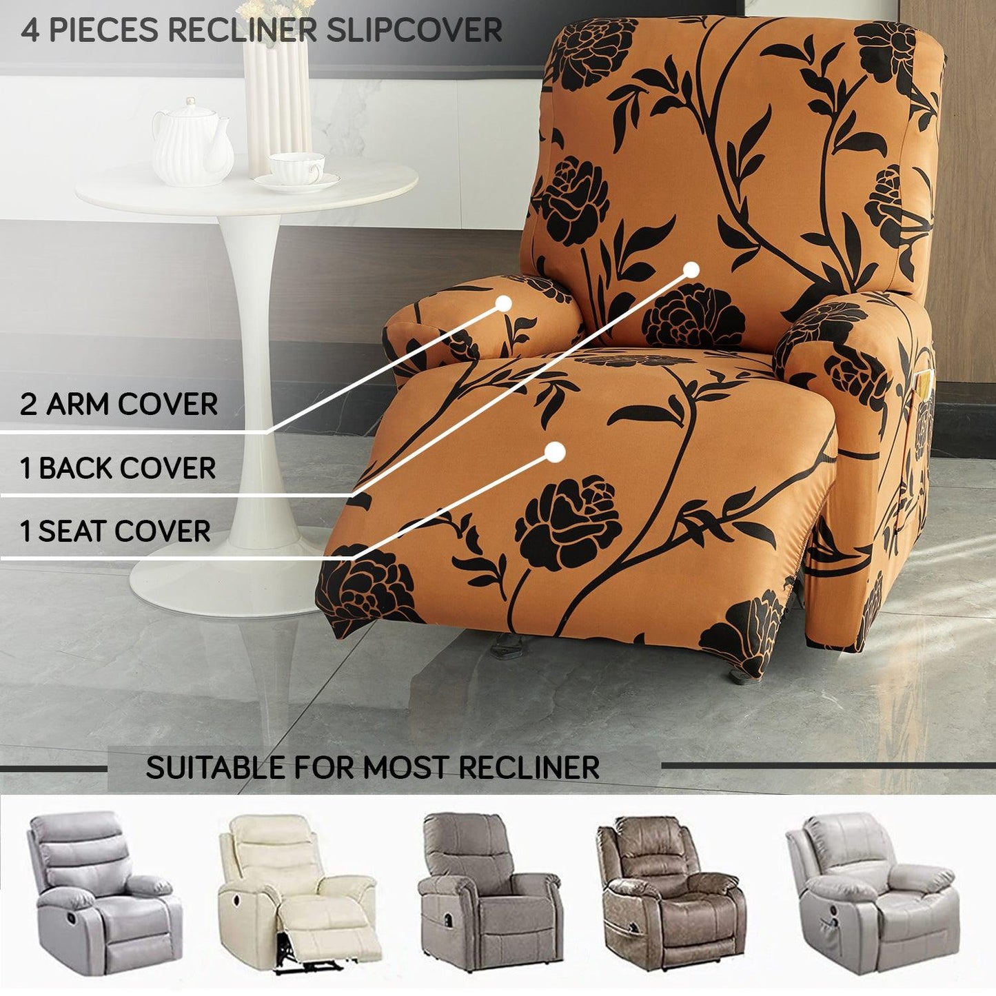 Elastic Stretchable Printed 140gsm Fully Covered Recliner Sofa Cover, Copper Brown Floral - HOKIPO | Har Ghar ka Humsafar