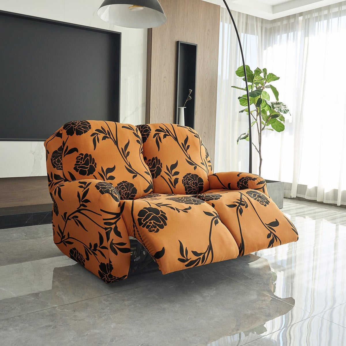Buy 2 seater Copper Brown Colour Floral Print elastic stretchable polyester recliner sofa cover
