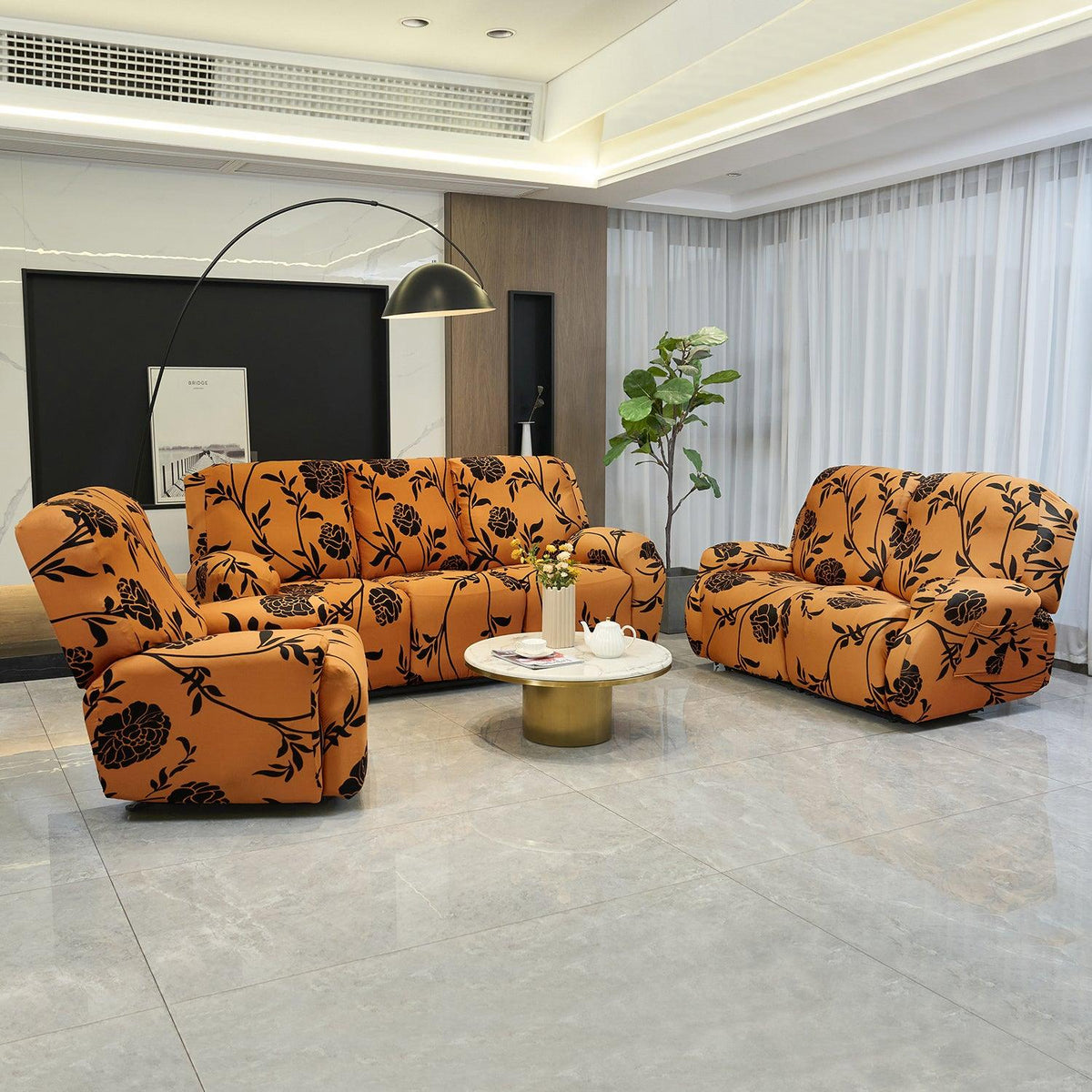 Best Copper Brown Colour Floral Print1, 2, 3 seater elastic recliner sofa cover with pockets
