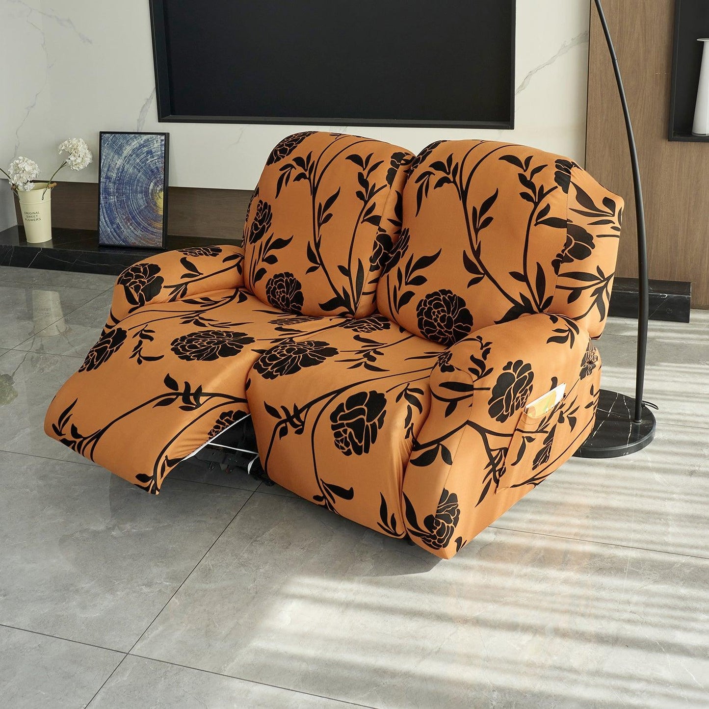 Elastic Stretchable Printed 140gsm Fully Covered Recliner Sofa Cover, Copper Brown Floral - HOKIPO | Har Ghar ka Humsafar