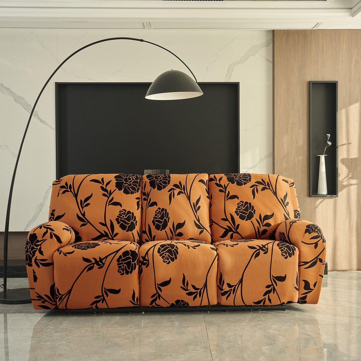 Elastic Stretchable Printed 140gsm Fully Covered Recliner Sofa Cover, Copper Brown Floral - HOKIPO | Har Ghar ka Humsafar