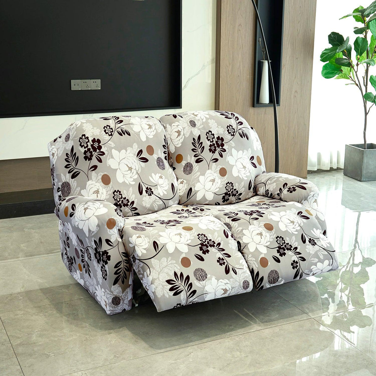 Elastic Stretchable Printed 140gsm Fully Covered Recliner Sofa Cover, Feather Brown Floral - HOKIPO | Har Ghar ka Humsafar