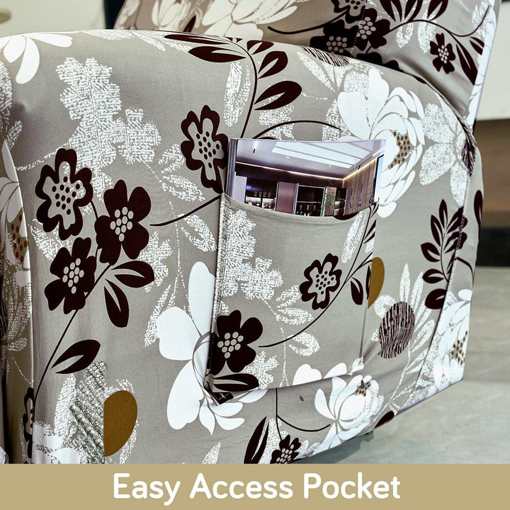 Best Feather Brown colour Floral Print 1, 2, 3 seater elastic recliner sofa cover with pockets
