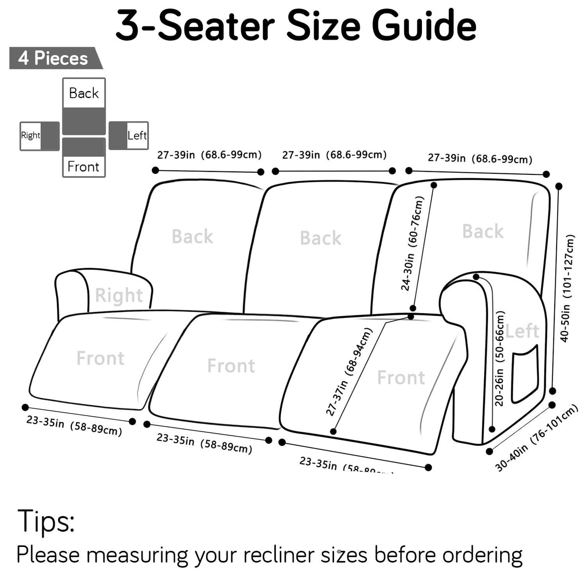 Guide on how to measure 3 seater recliner sofa size for elastic recliner cover