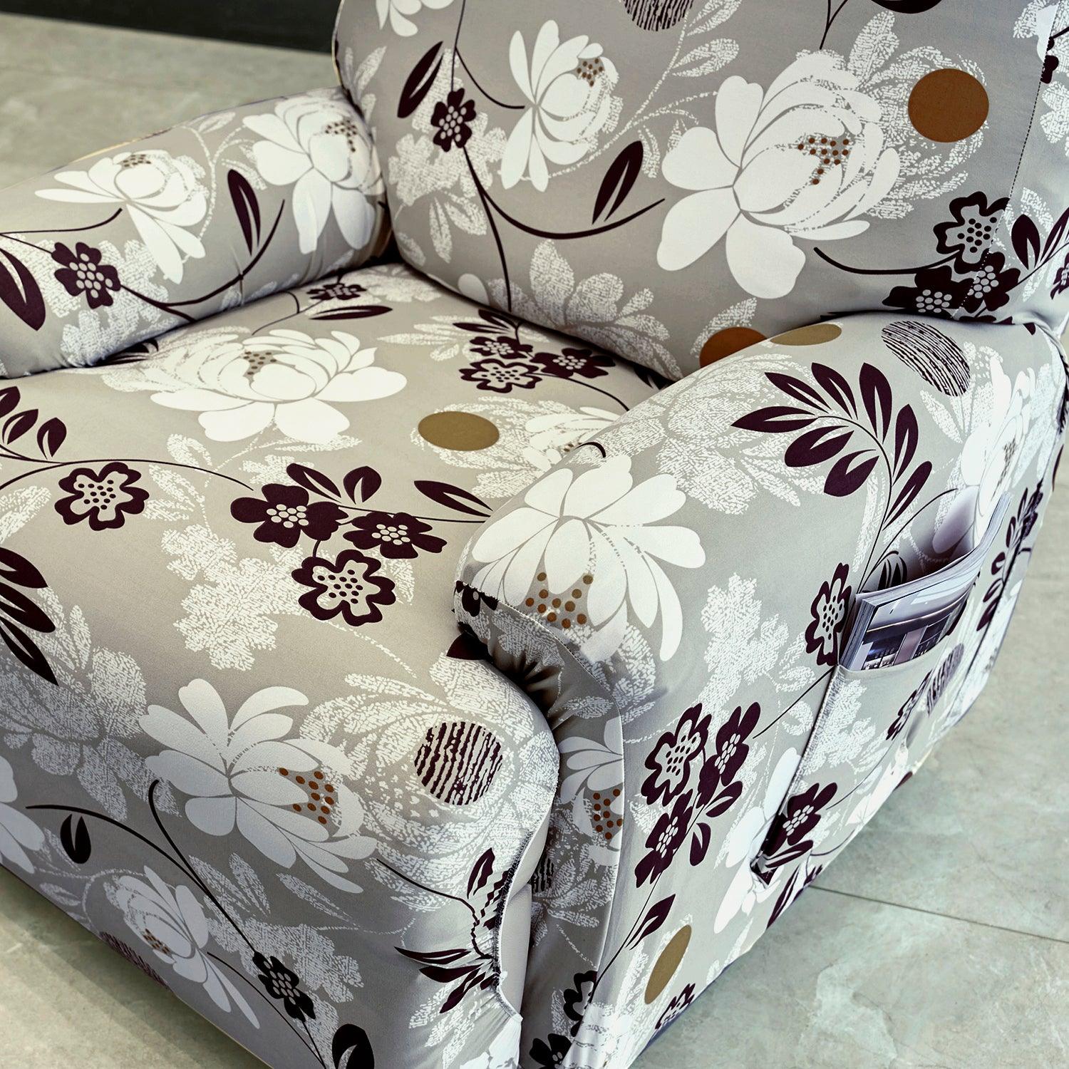 Elastic Stretchable Printed 140gsm Fully Covered Recliner Sofa Cover, Feather Brown Floral - HOKIPO | Har Ghar ka Humsafar