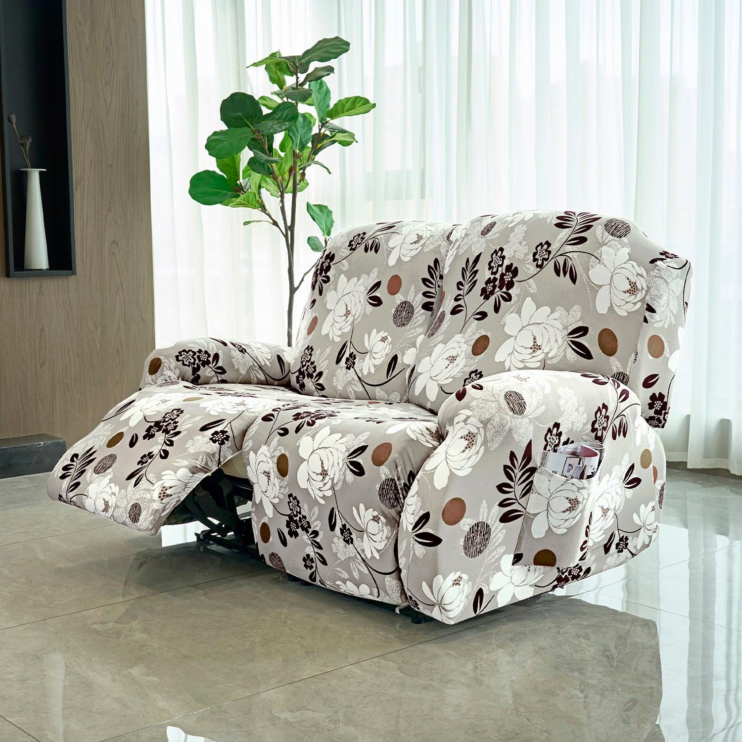 Elastic Stretchable Printed 140gsm Fully Covered Recliner Sofa Cover, Feather Brown Floral - HOKIPO | Har Ghar ka Humsafar