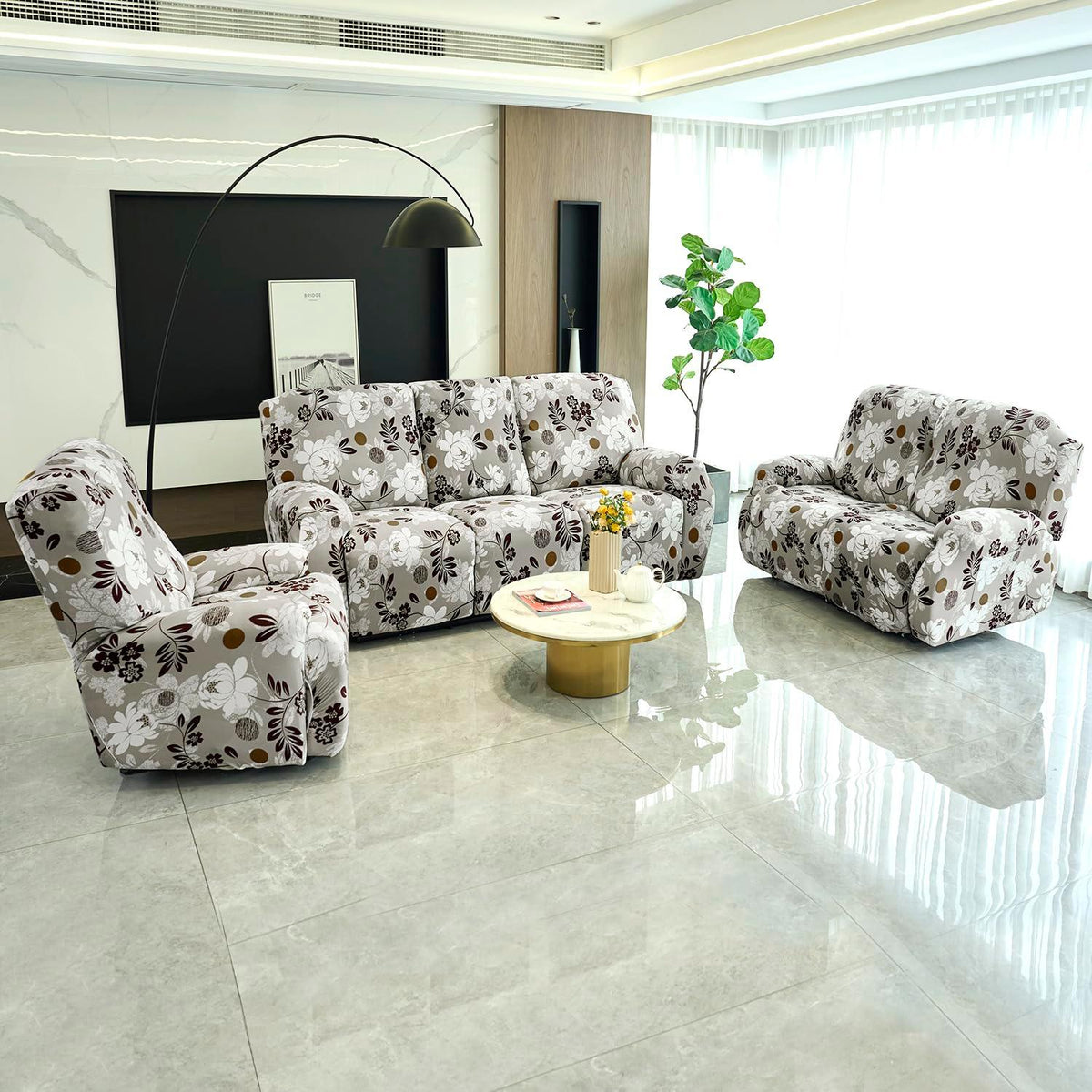 Best Feather Brown colour Floral Print elastic stretchable recliner covers for 1, 2, 3 seater recliner sofas