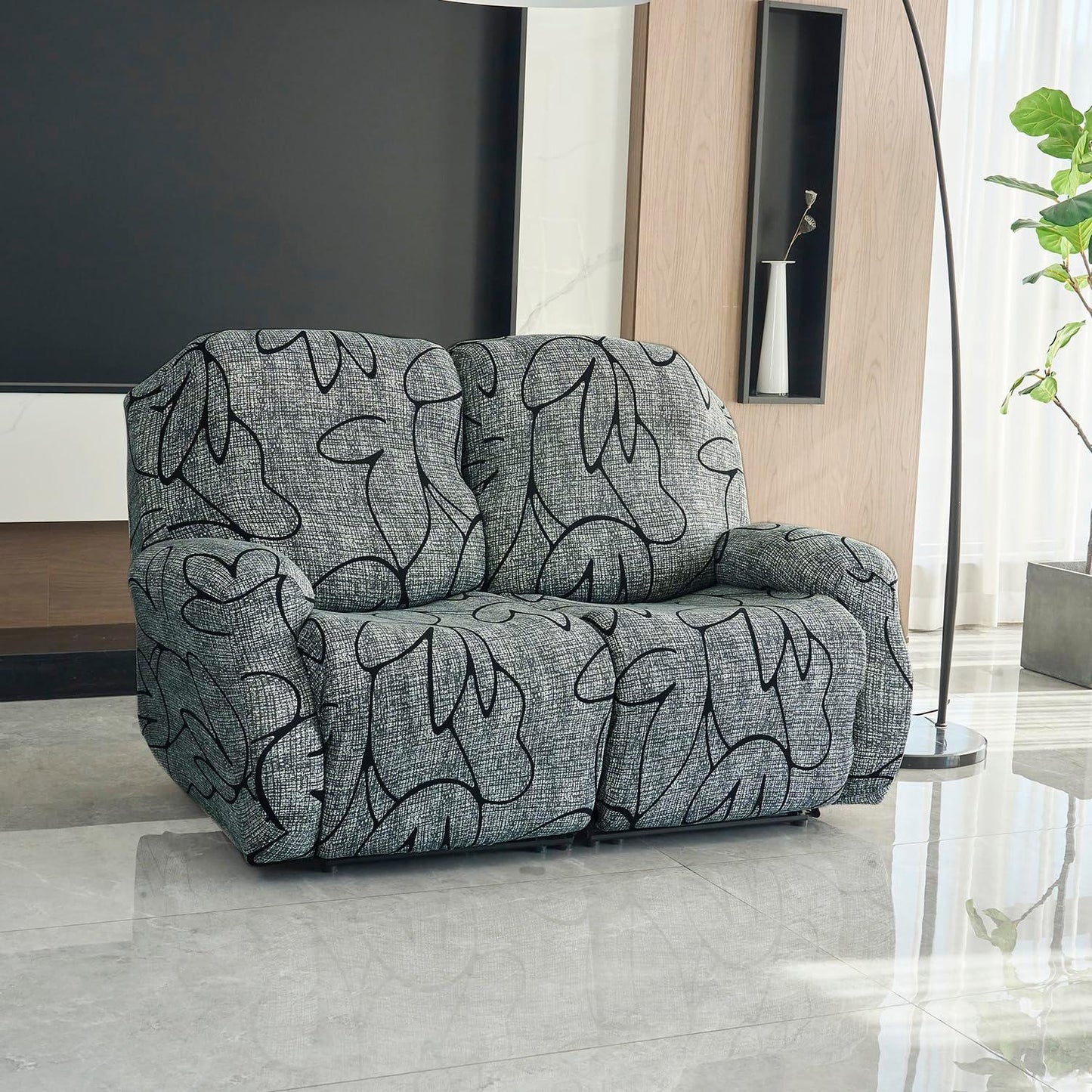 Elastic Stretchable Printed 140gsm Fully Covered Recliner Sofa Cover, Intense Grey Abstract Floral - HOKIPO | Har Ghar ka Humsafar