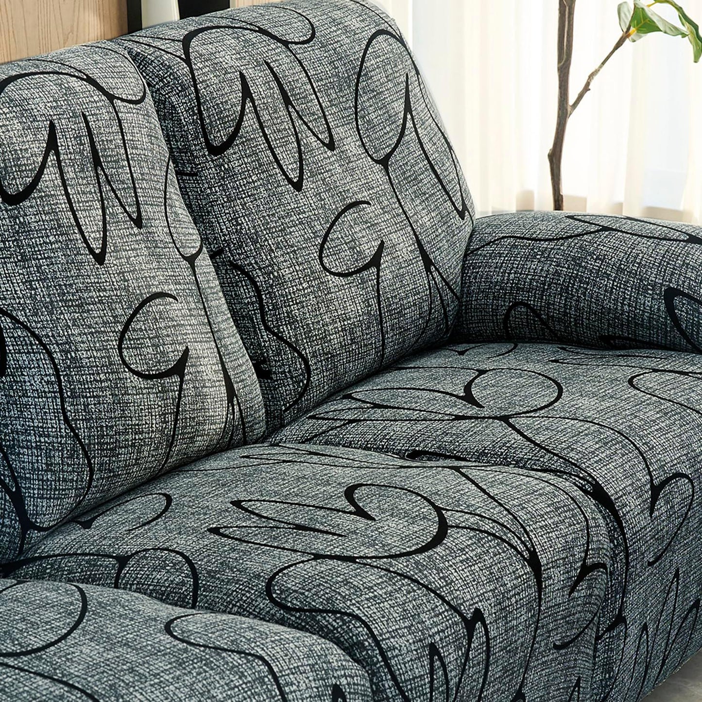 Elastic Stretchable Printed 140gsm Fully Covered Recliner Sofa Cover, Intense Grey Abstract Floral - HOKIPO | Har Ghar ka Humsafar