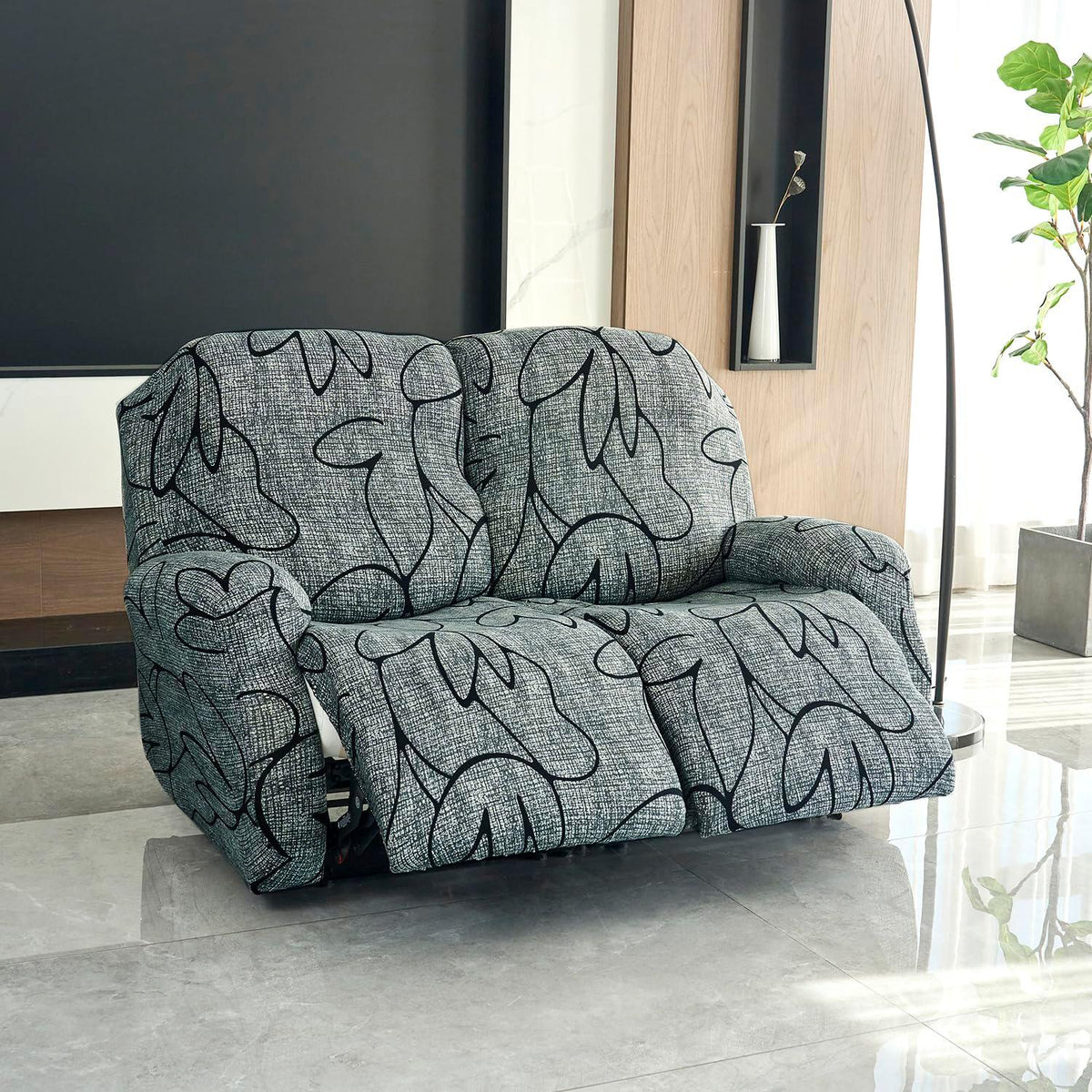 2 seater Intense Grey Abstract Floral Print elastic stretchable polyester recliner sofa cover
