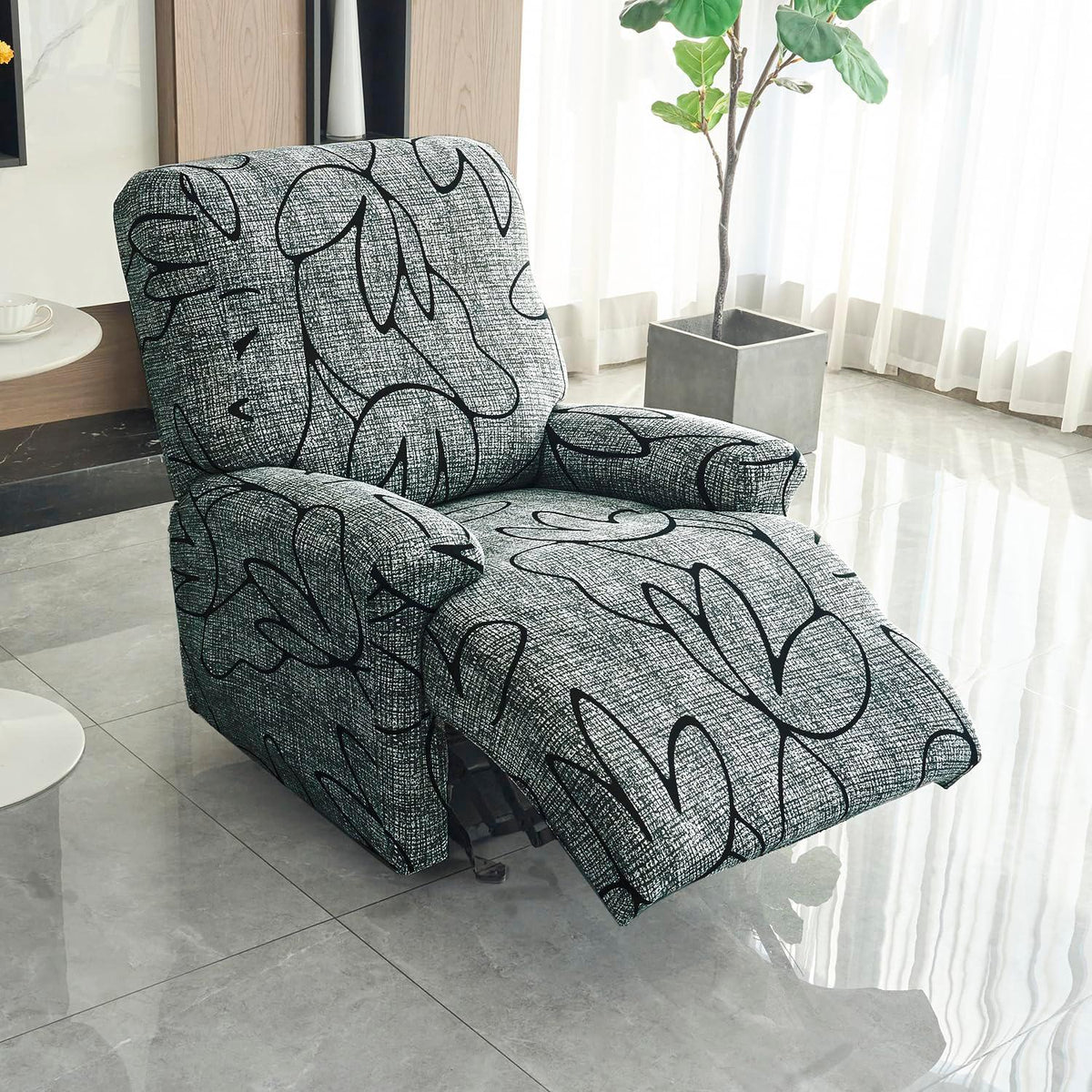 Elastic Stretchable Printed 140gsm Fully Covered Recliner Sofa Cover, Intense Grey Abstract Floral - HOKIPO | Har Ghar ka Humsafar