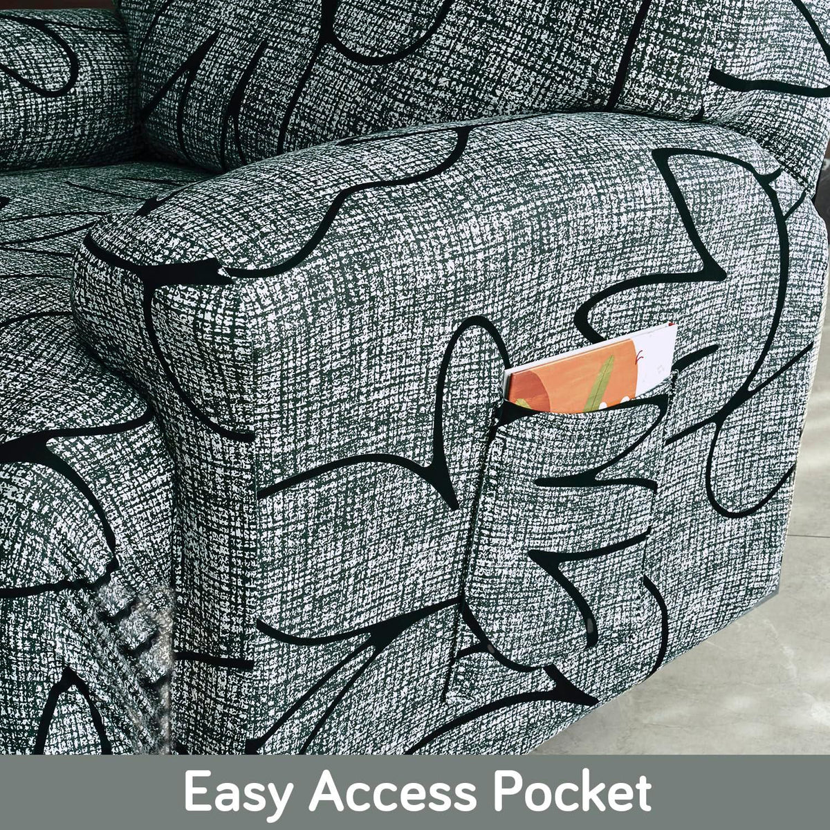 Modern Intense Grey Abstract Floral Print stretchable recliner covers set with pockets
