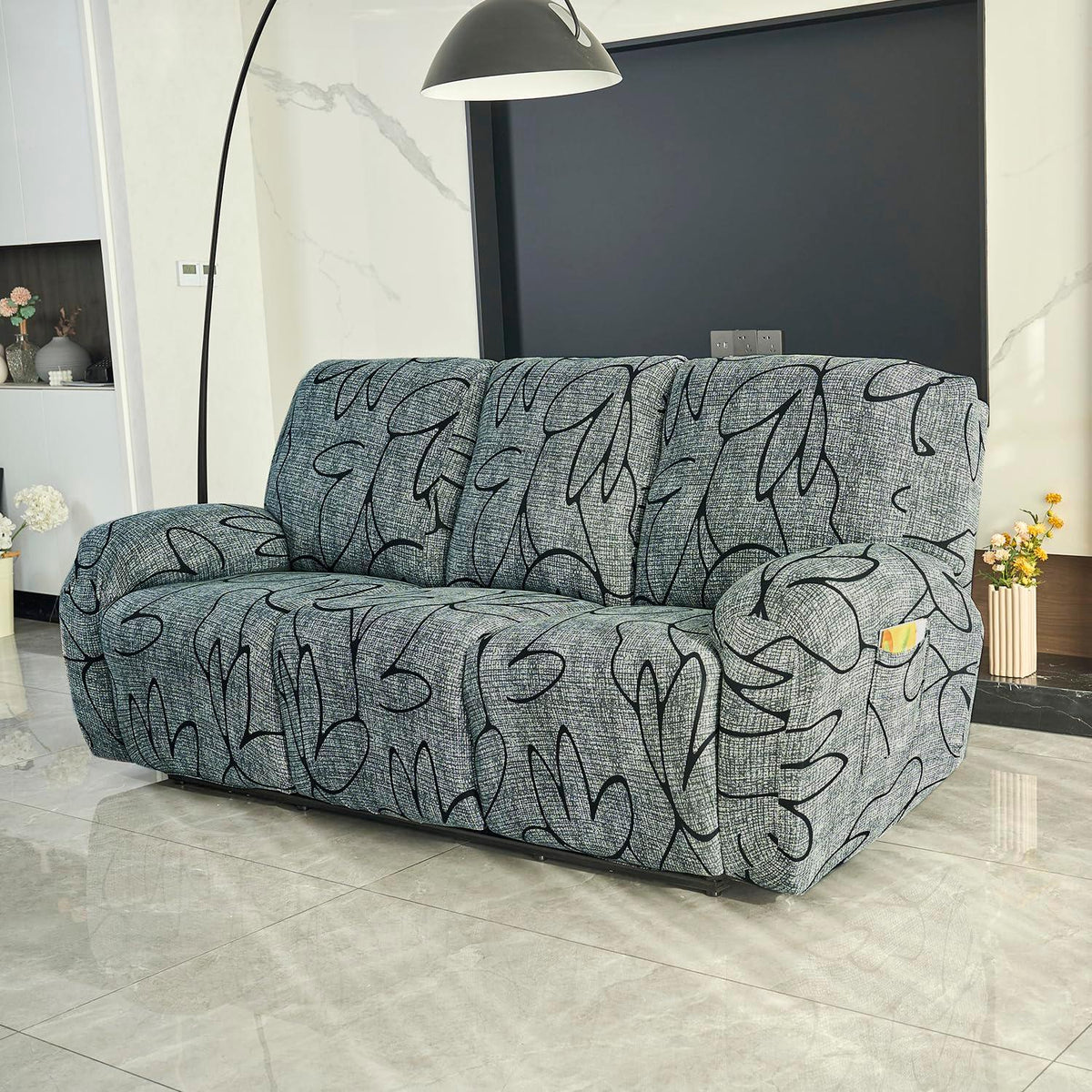 Stylish three seater Intense Grey Abstract Floral Print elastic stretchable polyester recliner cover
