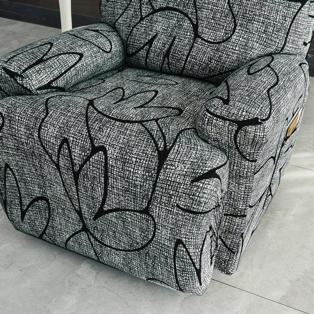 Intense Grey Abstract Floral Print elastic stretchable polyester 1 seater recliner sofa cover
