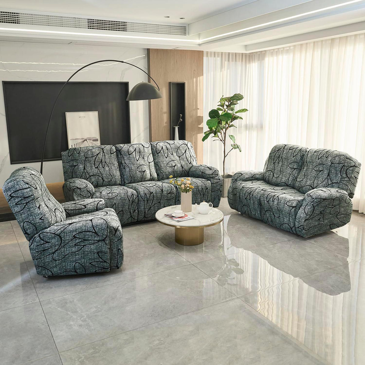 Best Intense Grey Abstract Floral Print elastic stretchable recliner covers for 1, 2, 3 seater recliner sofas
